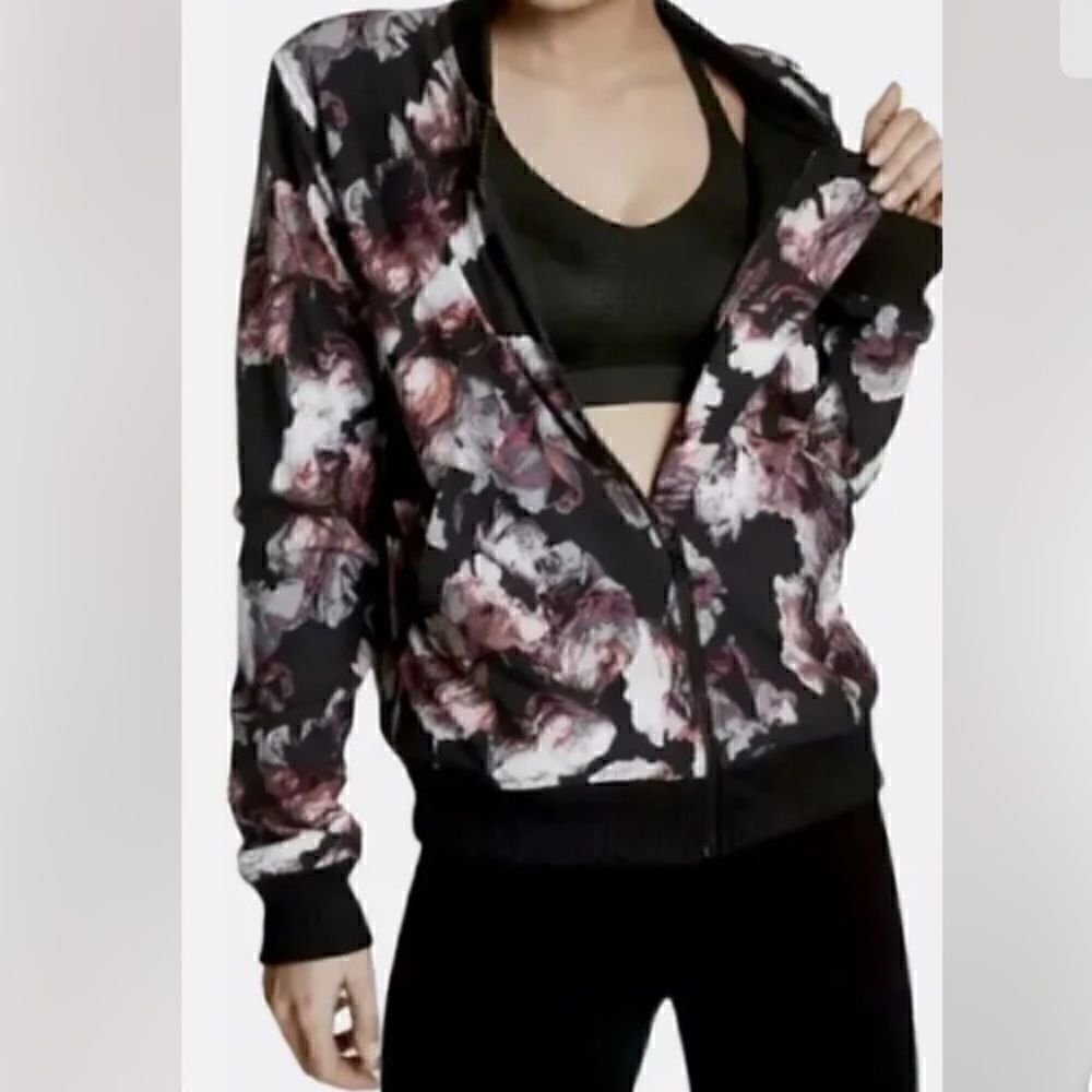 Victoria Secret Sport Black Floral French Terry Bomber Jacket Size XS
